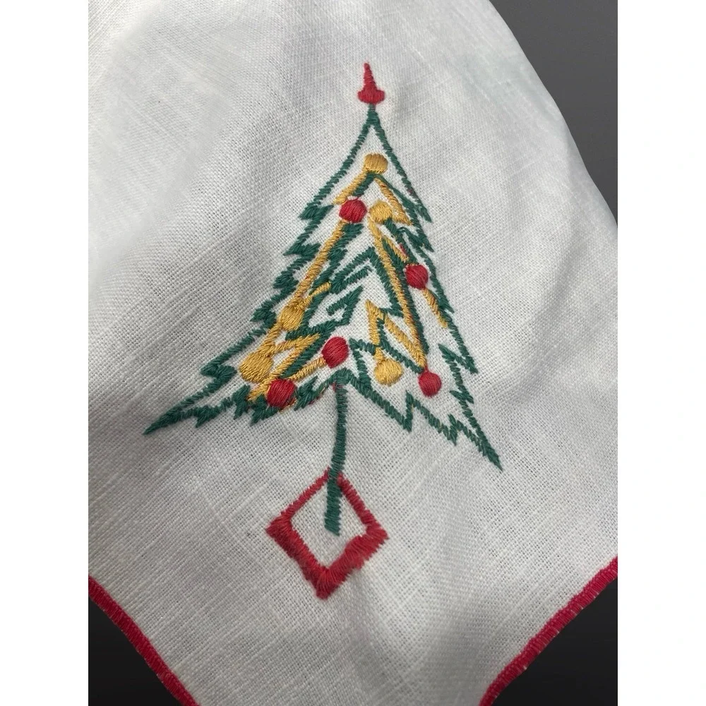 Vintage Christmas Embroidered Napkins Set of 3 Cotton Linen Red Trim MCM